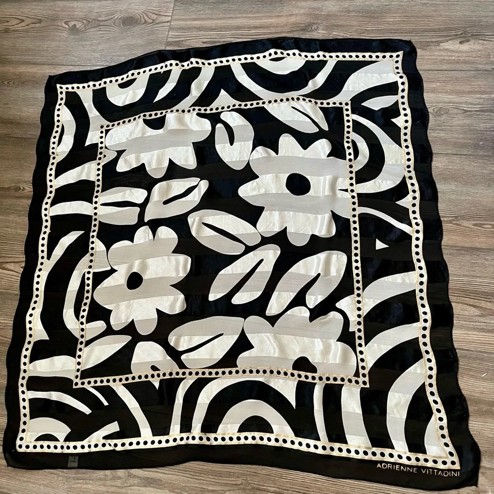 100% silk Adrienne Vittadini Elegant Black and White Scarf 32/33 inch